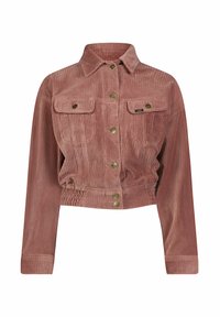 Giacca corta in velluto a coste rosa con colletto, bottoni dorati e due tasche sul petto. Presenta una texture a coste e un orlo elastico per un look aderente.