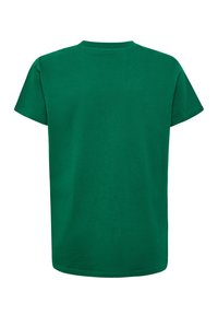 Effen groene katoenen T-shirt met korte mouwen, gezien van achteren, met een ronde halslijn en zonder zichtbare logo's of patronen.