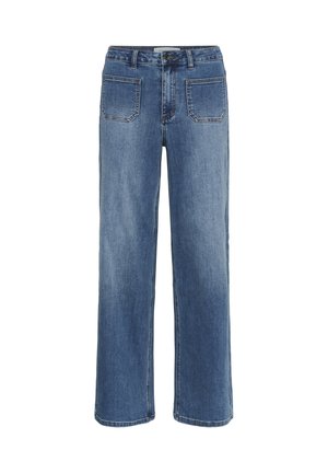 Denim jeans in medium blue, met een wide-leg ontwerp, vijf zakken en contrasterende stiksels. Mid-rise taille met een klassieke knoopsluiting.