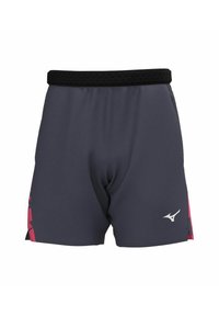 Badeshorts aus dunkelgrauem Stoff mit einem schwarzen elastischen Bund. Mit einem pinken und schwarzen Seitendesign. Silbernes Logo auf der Vorderseite.
