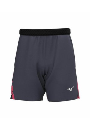 Badeshorts aus dunkelgrauem Stoff mit einem schwarzen elastischen Bund. Mit einem pinken und schwarzen Seitendesign. Silbernes Logo auf der Vorderseite.