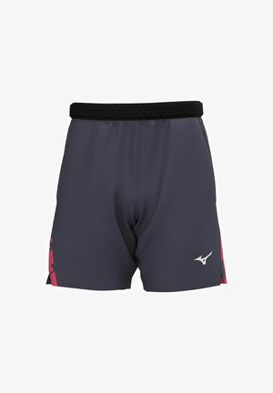 Badeshorts aus dunkelgrauem Stoff mit einem schwarzen elastischen Bund. Mit einem pinken und schwarzen Seitendesign. Silbernes Logo auf der Vorderseite.
