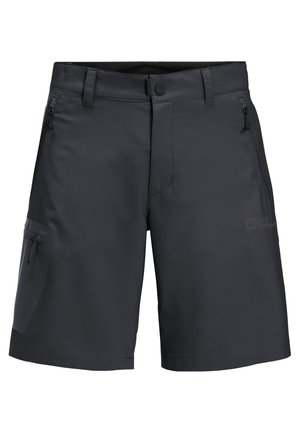 Zwarte shorts van lichtgewicht stof, met een rechte tailleband, zijzakken met ritsen en een gladde textuur.