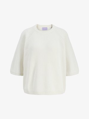 White chunky knit sweater with short sleeves and a ribbed crew neckline and hem.