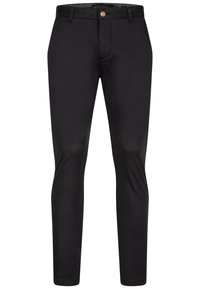 Chino neri in cotone con vestibilità slim, dotati di chiusura con bottone e tasche frontali. Texture liscia e linee pulite in tutto il design.