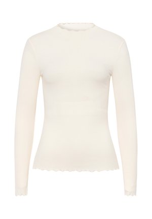 Romantop met lange mouwen in crème met een aansluitende pasvorm en een scalloped halslijn en zoom. Rekbare stof biedt een zachte textuur.
