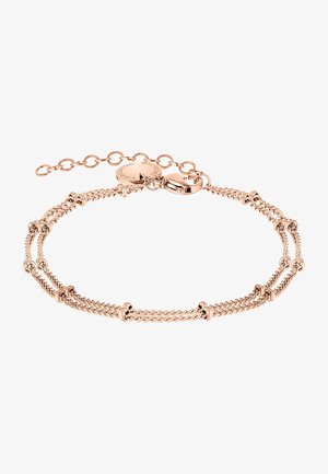 Roze goud armband met een gedraaide kettingontwerp en bolvormige accenten, bevestigd met een kreeftsluiting en een verstelbare kettingverlenging.