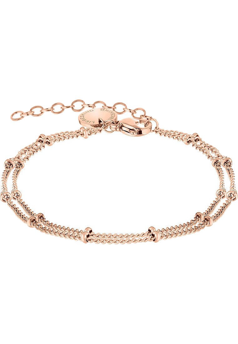 Roze goud armband met een gedraaide kettingontwerp en bolvormige accenten, bevestigd met een kreeftsluiting en een verstelbare kettingverlenging.