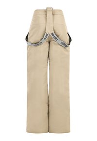 Beige skibroek met wijde pijpen, verstelbare zwarte banden en een gevarieerde stofafwerking. Kenmerkt zich door een hoge rug en een minimalistisch design.