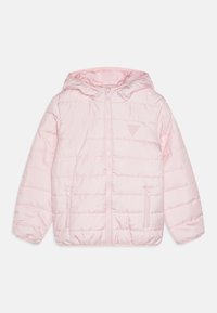 Rosa vadderad jacka med huva, med horisontell quiltad textur, framfoder med dragkedja och tv�å sidofickor. Emblem på bröstet.