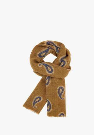 Brauner Paisley-Schal mit blauen und cremefarbenen Akzenten. Weiche Textur, fransige Kanten und ein geschlungenes Design. Geeignet für verschiedene Stile.