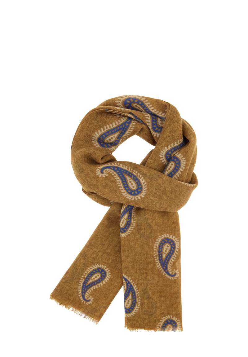 Brūns paisley šalle ar ziliem un krēmkrāsas akcentiem. Mīksta tekstūra, pušķoti maliņas un cilpu dizains. Piemērota dažādiem stiliem.