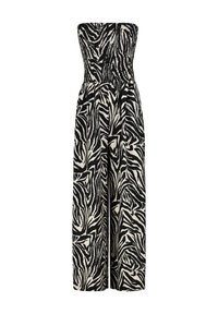 Strapless jumpsuit in black and cream zebra print, with a smocked bodice and wide-leg pants, made from lightweight fabric.