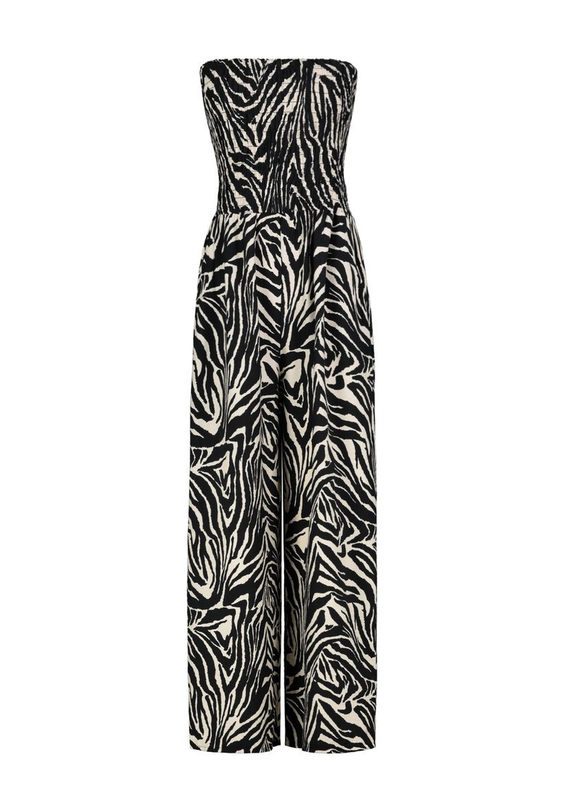 Strapless jumpsuit in black and cream zebra print, with a smocked bodice and wide-leg pants, made from lightweight fabric.
