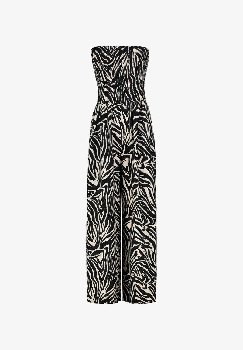 Strapless jumpsuit in black and cream zebra print, with a smocked bodice and wide-leg pants, made from lightweight fabric.