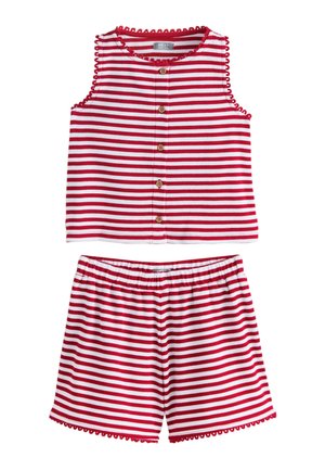 Rot-weiß gestreiftes ärmelloses Top mit Knopfleiste vorne und passenden Shorts mit elastischem Bund, beide mit gezacktem Saumabschluss.
