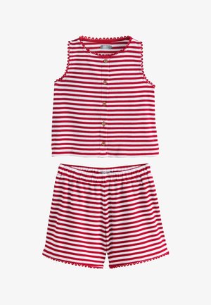 Red and white horizontal striped sleeveless button-front top with matching elastic waist shorts, both with scalloped trim edges.