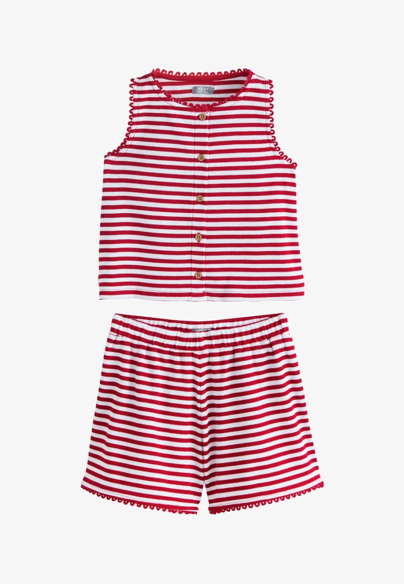 Haut sans manches à rayures horizontales rouges et blanches avec boutons sur le devant, et shorts assortis à taille élastique, tous deux avec des bords festonnés.