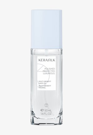 Klare Glasflasche mit hellblauem Verschluss, enthält 50 ml Kerasilk Multi-Benefit Haaröl, beschriftet mit poliert, geschützt, luxuriös.