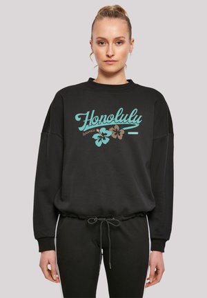 Schwarzer Pullover mit einem türkisfarbenen "Honolulu"-Grafik und floralen Akzenten. Verfügt über gerippte Bündchen und einen Kordelzugsaum für Anpassungsmöglichkeiten.