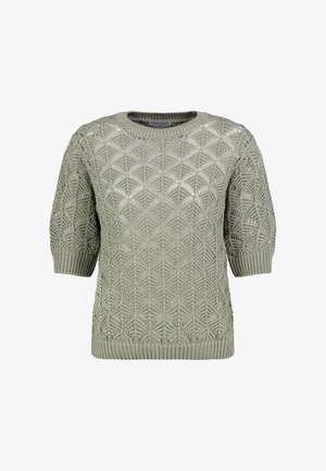 Light gray knitted short-sleeve sweater with leaf-patterned open weave and ribbed cuffs, hem, and crew neckline.