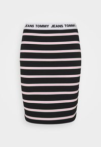 Černá sukně se vzorem horizontálních pruhů v růžové a bílé barvě. Pohodlná látka, s páskem s logem "JEANS TOMMY".