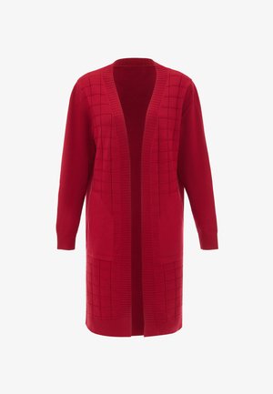 Langer roter Cardigan mit strukturiertem Rautenmuster. Mit offenem Vorderteil, gerippten Bündchen und zwei Fronttaschen. Aus weichem Strickmaterial gefertigt.