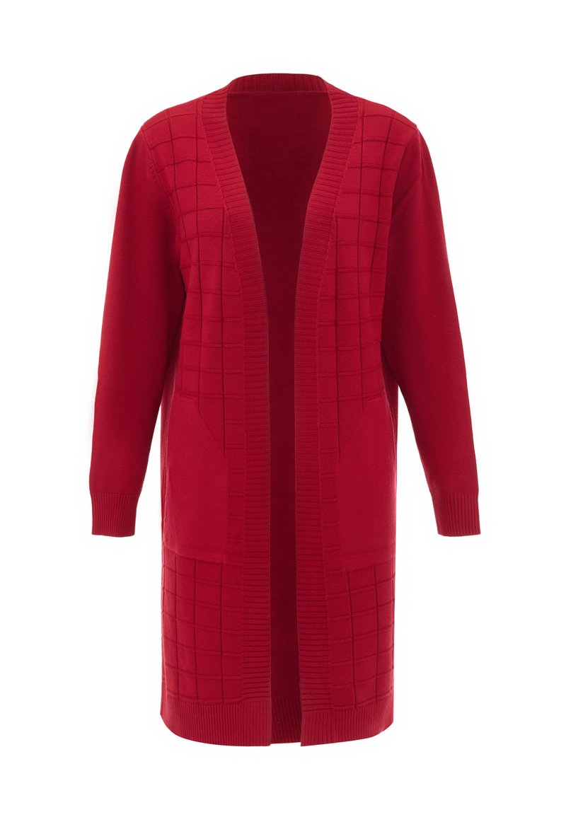 Langer roter Cardigan mit strukturiertem Rautenmuster. Mit offenem Vorderteil, gerippten Bündchen und zwei Fronttaschen. Aus weichem Strickmaterial gefertigt.