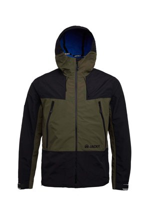 Giacca con un design bicolore, parte superiore verde oliva e parte inferiore nera. È dotata di cappuccio, tasche con zip e un logo sul davanti.