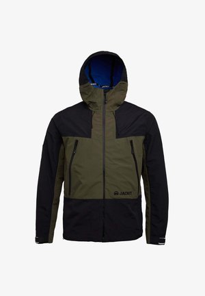 Giacca con un design bicolore, parte superiore verde oliva e parte inferiore nera. È dotata di cappuccio, tasche con zip e un logo sul davanti.