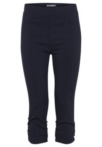 Kariniai capri leggingai, pagaminti iš tamprios medžiagos, su plačia juosmeniu, dviem priekinėmis kišenėmis ir suburtu dizainu ties kulkšnimis.