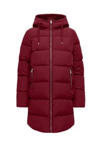 Vínový pufovaný kabát s kapucí, zipovým uzávěrem a dvěma bočními kapsami. Má nadýchaný prošívaný design s hladkým povrchem a elastickými šňůrkami.