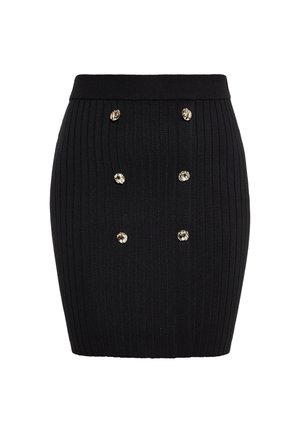 Fustă tricotată neagră cu model cu nervuri, cu o formă ajustată, având șase butoane metalice decorative pe față și o talie lată.