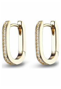 Guldörhängen i form av ringar med en rektangulär form och en rad klara, glittrande stenar längs ena sidan. Slät, blank yta och enkel låsning.