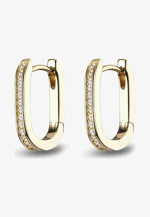 Orecchini a cerchio in oro con forma rettangolare e una fila di pietre trasparenti e brillanti lungo un lato. Superficie liscia e lucente, con chiusura semplice.