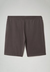 Shorts sportivi grigio scuro realizzati in tessuto liscio con una vita elastica e un design semplice e privo di decorazioni. Bordature rifinite. Senza tasche.