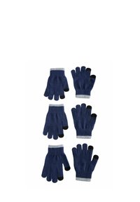 Guanti in maglia blu navy con punte delle dita scoperte. Polsi grigi a coste e dettagli neri per l'uso con il touchscreen. Quattro paia esposti.