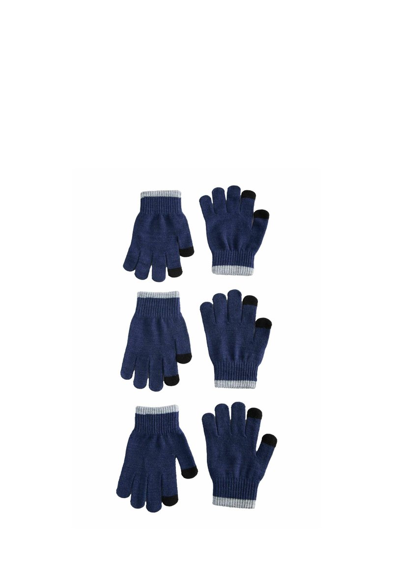 Guanti in maglia blu navy con punte delle dita scoperte. Polsi grigi a coste e dettagli neri per l'uso con il touchscreen. Quattro paia esposti.