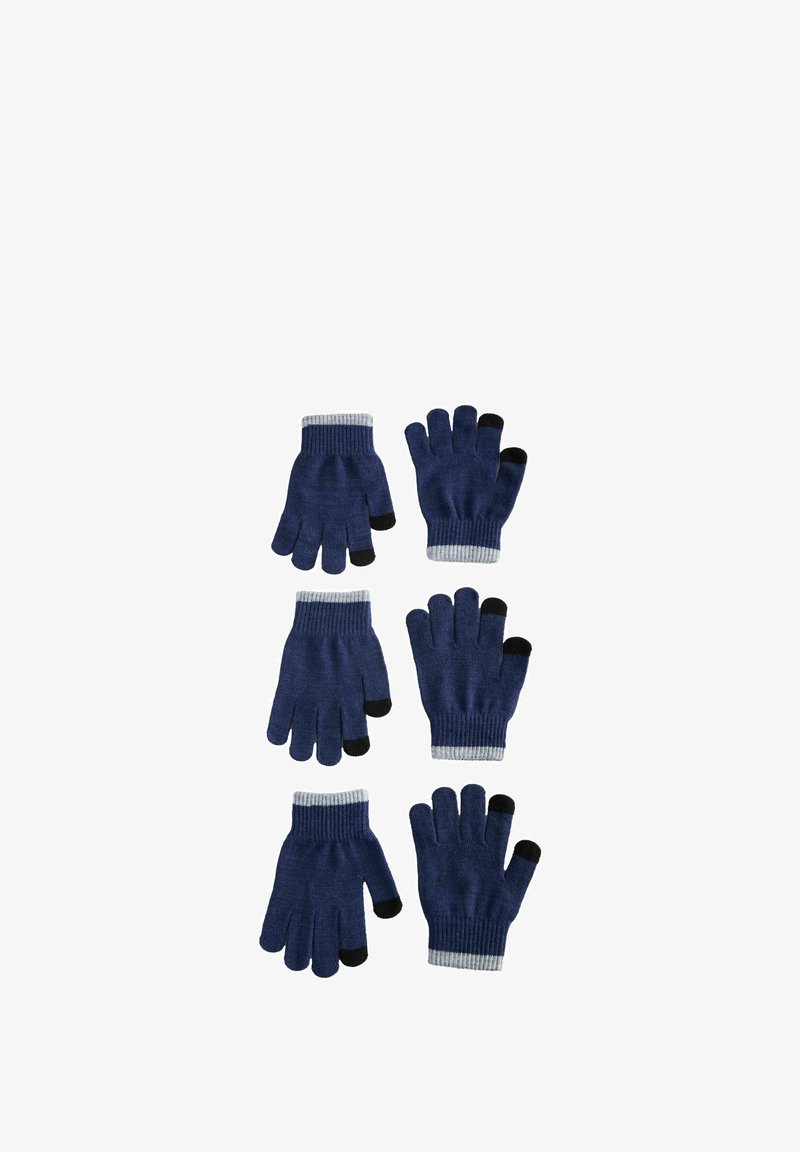 Six gants tricotés bleu marine avec des poignets gris et des extrémités noires compatibles avec écran tactile au pouce, à l’index et au majeur, présentés par paires.