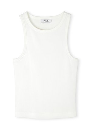 Débardeur blanc à côtes avec un col rond et de larges emmanchures. Présente des bords nets et une texture subtile. Étiquette de marque visible à l'intérieur.