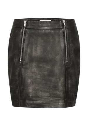 Schwarzer Leder-Minirock mit glatter Textur, zwei seitlichen Reißverschlüssen und tailliertem Schnitt. Geeignet für legere oder schicke Anlässe.