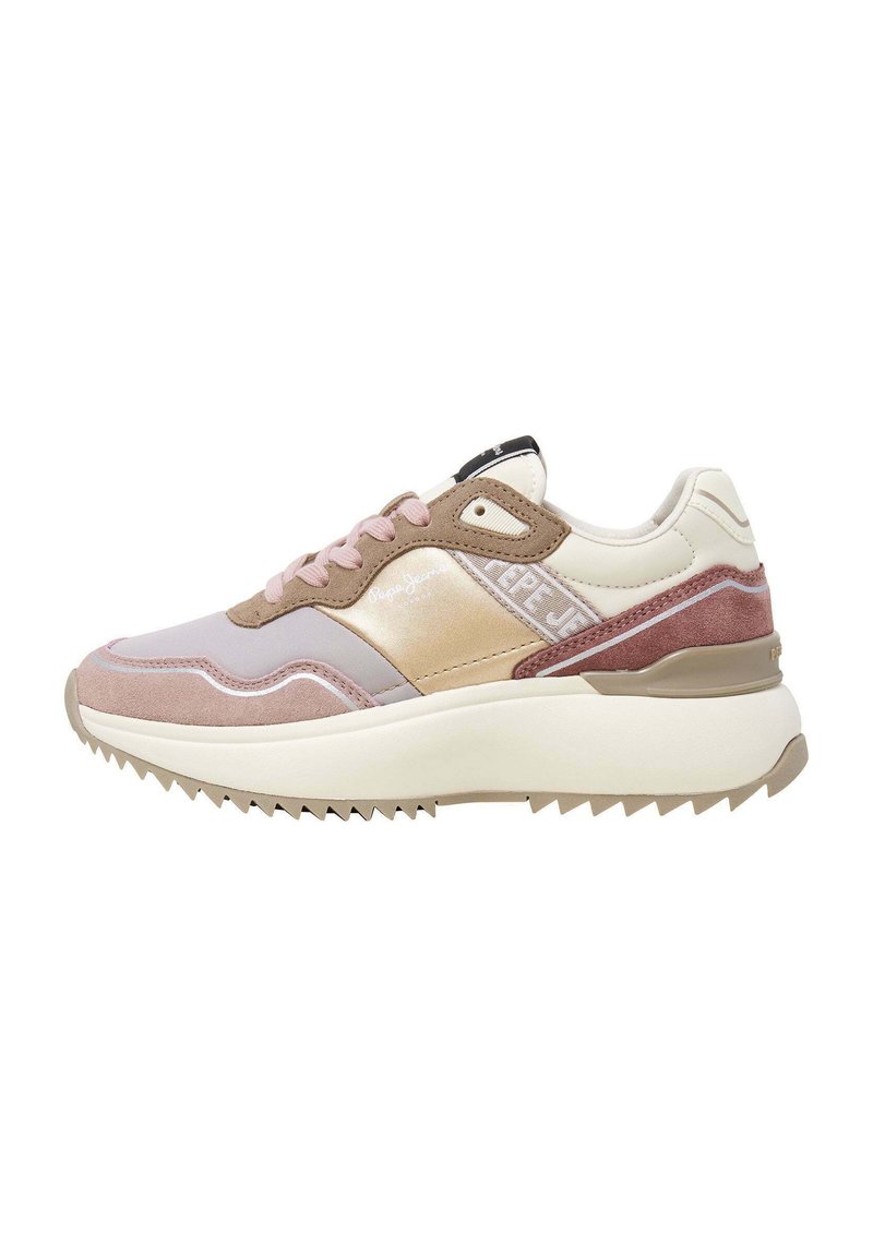 Multicolore sneakers met een mix van suede en synthetische materialen. Kleuren zijn lichtroze, beige en crème. Textuur, geribbelde zool.