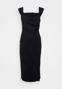 Robe noire au design ajusté, décolleté carré et manches courtes. Présente une texture froncée à la taille et une fente latérale.