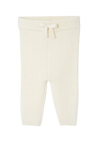 Cremefarbene, gerippte Strickbabyhosen mit einem Kordelzugbund und einer weichen, dehnbaren Stofftextur.