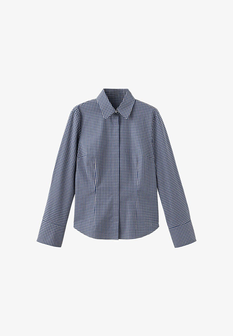 Chemise à manches longues à carreaux bleus et blancs avec col et boutons cachés sous une patte de boutonnage, posée à plat sur un fond blanc.