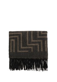 Pelēka un brūna rakstota vilnas šalle ar ģeometrisku dizainu un melnām frizēm apakšējā malā. Mīksta tekstūra un taisnstūra forma.
