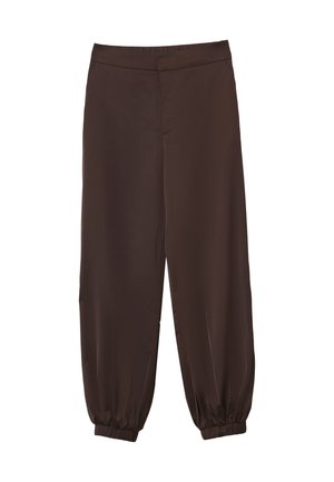 Locker sitzende dunkelbraune Hose mit elastischen Bündchen und flacher Bundweite, entworfen für eine lässige, bequeme Passform.