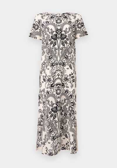 Črna obleka z rožnatim vzorcem na kremni podlagi, s kratkimi rokavi, okroglo ovratnikom in stranskimi razporki za enostavno gibanje.