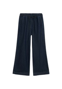 Pantalones de mezclilla de pierna ancha en azul oscuro. Cuenta con una cintura elástica con cordón y un corte relajado. Sin bolsillos visibles.