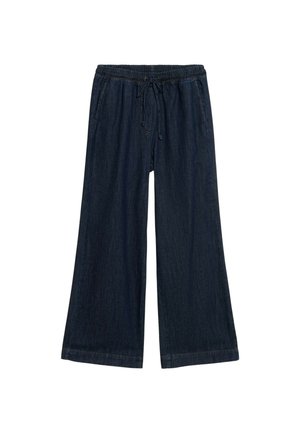 Dunkelblaue weit geschnittene Hosen aus Denim. Sie verfügen über einen elastischen Bund mit Kordelzug und bieten eine lockere Passform. Keine sichtbaren Taschen.
